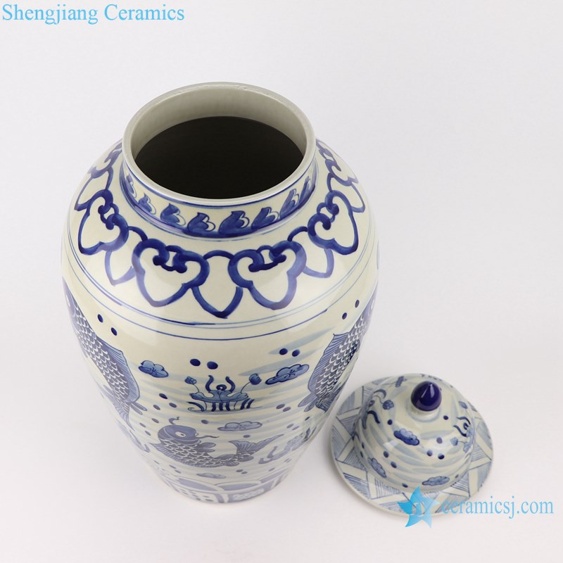 RZKY32 Jingdezhen blue and white fish alga lotus pattern ceramic big ginger jar