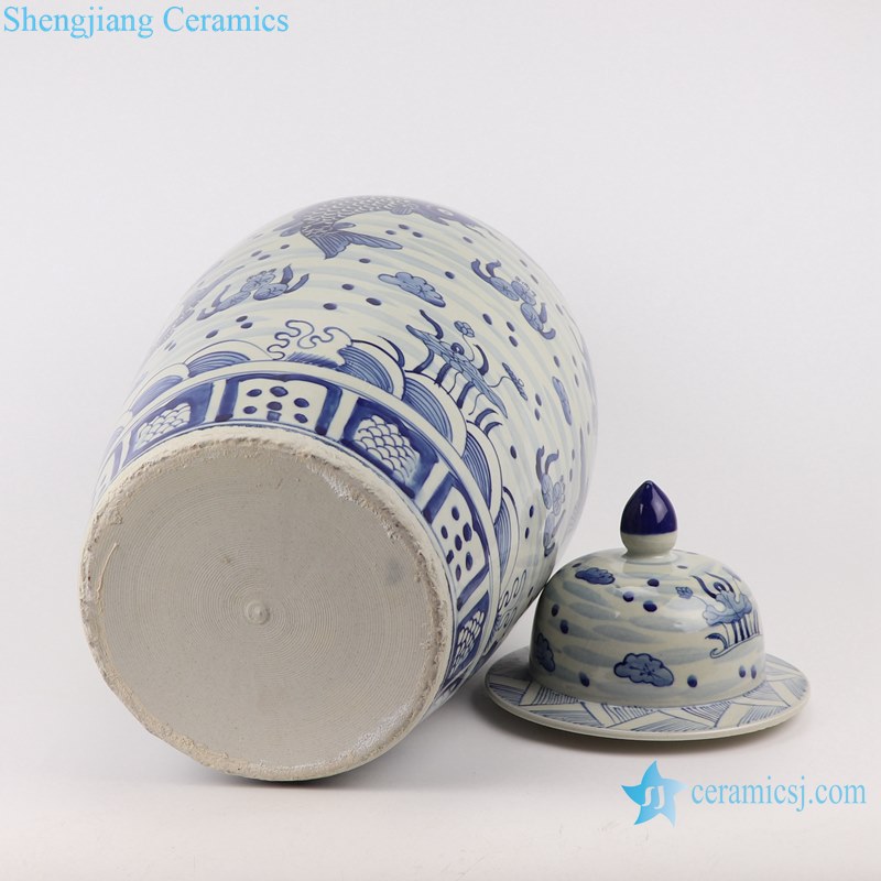 RZKY32 Jingdezhen hand painted blue and white fish alga lotus pattern ceramic big ginger jar