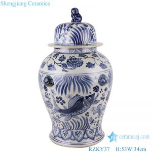 RZKY37 Antique Porcelain Blue and white Fish Line and patterns Large Storage General Pot Lidded Temple jars with lion head