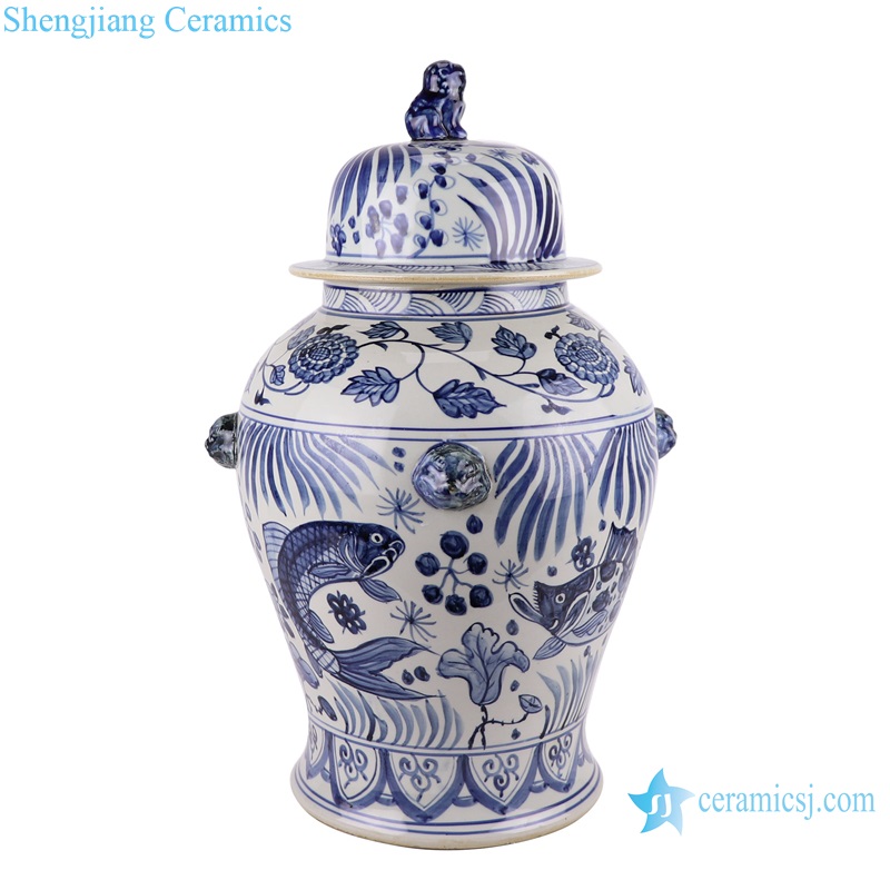 RZKY37 Antique Porcelain Blue and white Fish Line and patterns Large Storage General Pot Lidded Temple jars with lion head