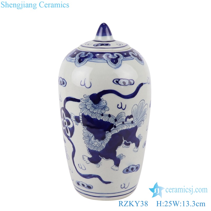 Antique Blue and white Ceramic pot Porcelain Lion Design Wax gourd Shape Porcelain Heaven Temple jars
