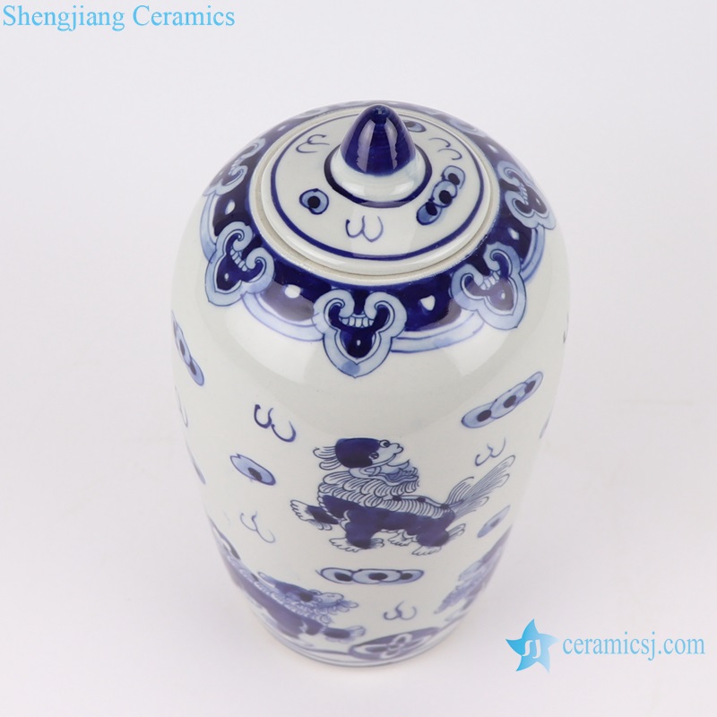 RZKY38 Antique Blue and white Ceramic pot Porcelain Lion Design Wax gourd Shape Porcelain Heaven Temple jars