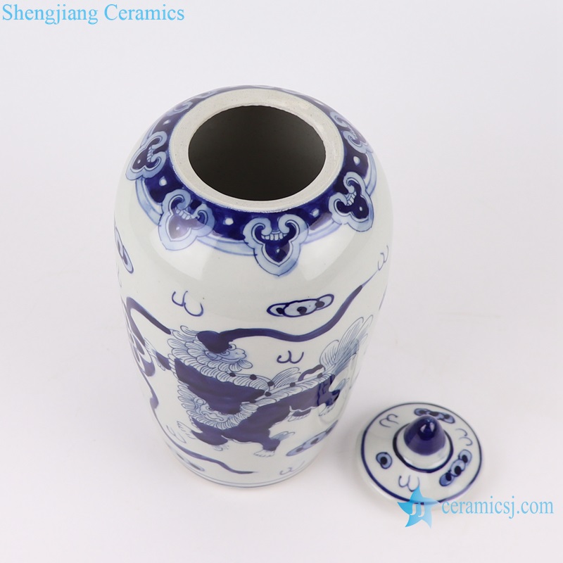 RZKY38 Antique Blue and white Ceramic pot Porcelain Lion Design Wax gourd Shape Porcelain Heaven Temple jars