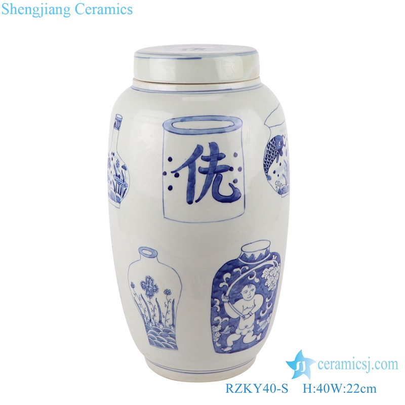 RZKY40-L-S Blue and white Porcelain Ancient Shen Letters Ceramic Jars Canister Home Decor