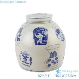 RZKY41 Antique Blue and white Porcelain Shen Letters Round shape Vase design Ceramic pot Temple jars Canister