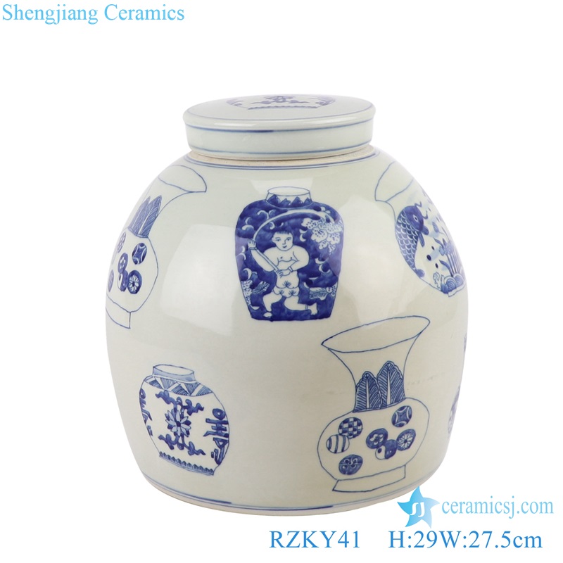 Antique Blue and white Porcelain Shen Letters Round shape Vase design Ceramic pot Temple jars Canister