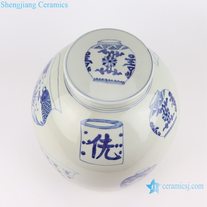 RZKY41 Antique Blue and white Porcelain Shen Letters Round shape Vase design Ceramic pot Temple jars Canister