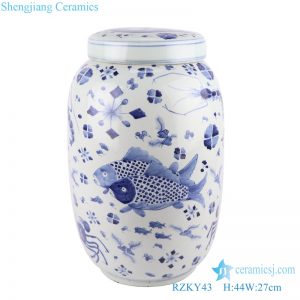 RZKY43 Jingdezhen Blue and white Porcelain Sea Animals Fish crab shrimp Ceramic pot Flat Lidded Jars