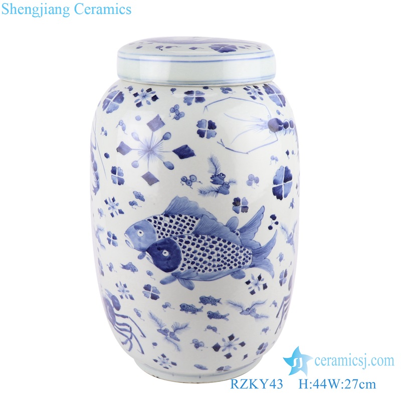 Jingdezhen Blue and white Porcelain Sea Animals Fish crab shrimp Ceramic pot Flat Lidded Jars