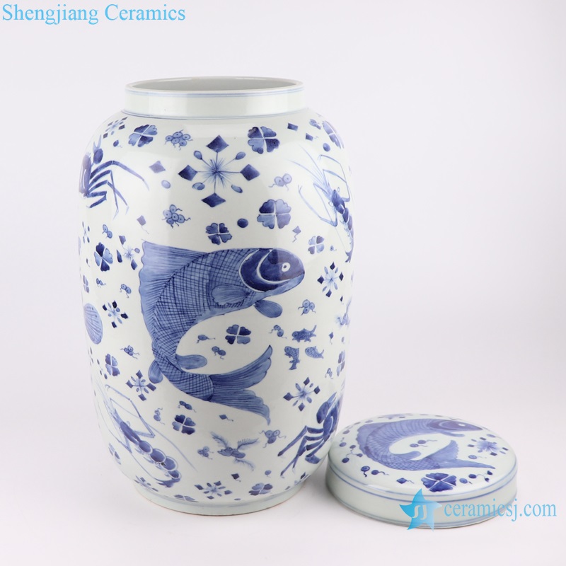 RZKY43 Jingdezhen Blue and white Porcelain Sea Animals Fish crab shrimp Ceramic pot Flat Lidded Jars
