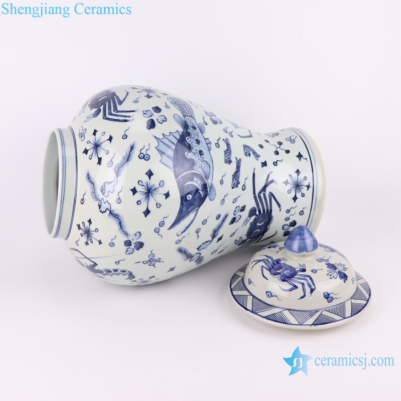 RZKY45 Antique Blue and white Porcelain Sea Animals Fish crab shrimp Pattern Ceramic Temple Pot Lidded Jars