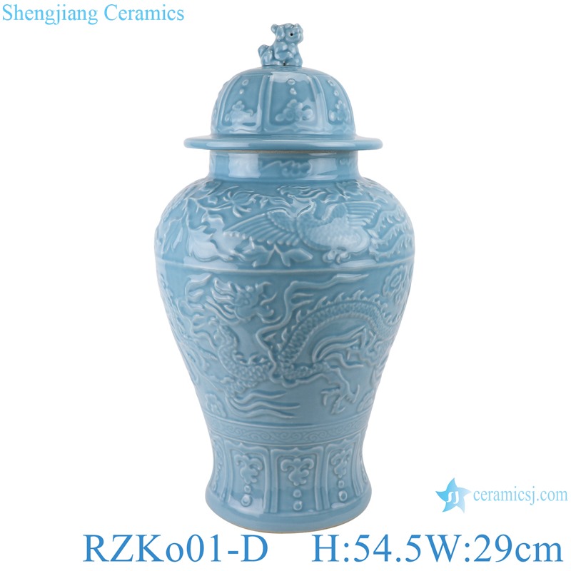 RZKo01-D Cyan carving dragon pattern lion head ginger jar