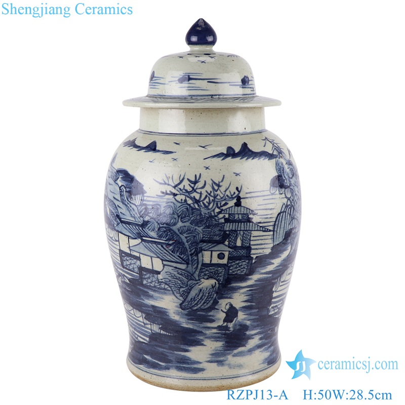Blue and white Porcelain Hand painted Landscape Pattern House Ceramic pot Temple Lidded Jars