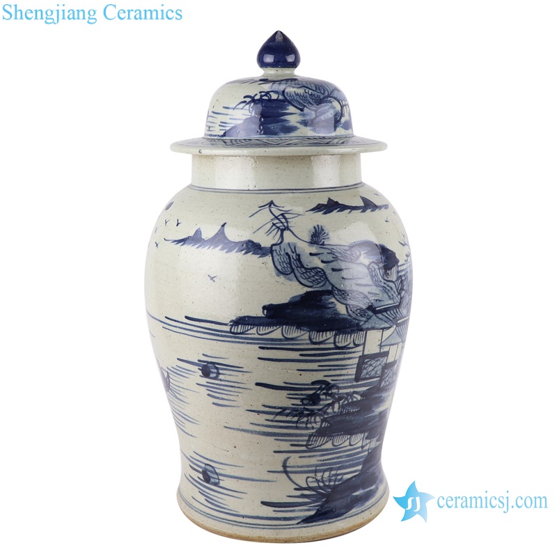 RZPJ13-A Blue and white Porcelain Hand painted Landscape Pattern House Ceramic pot Temple Lidded Jars