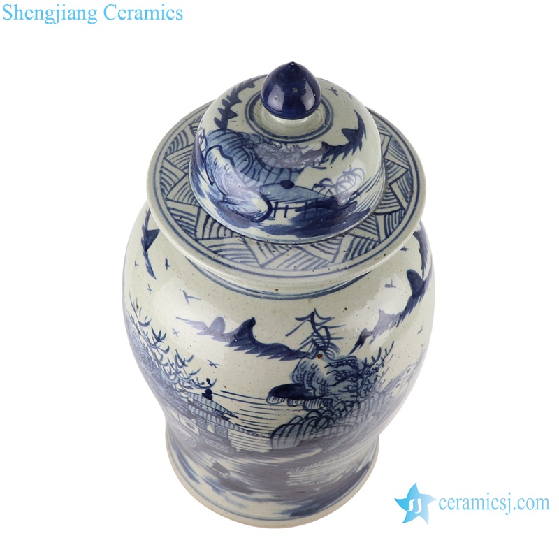 RZPJ13-A Blue and white Porcelain Hand painted Landscape Pattern House Ceramic pot Temple Lidded Jars