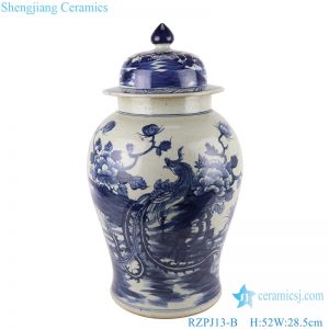 RZPJ13-B Blue and white Landscape phoenix Bird and Flower Pattern Ceramic Temple Lidded Jars
