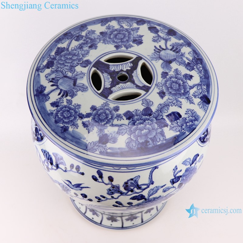 RZSC08-B Jingdezhen hand painted blue and white round flowers and birds pattern ceramic stool
