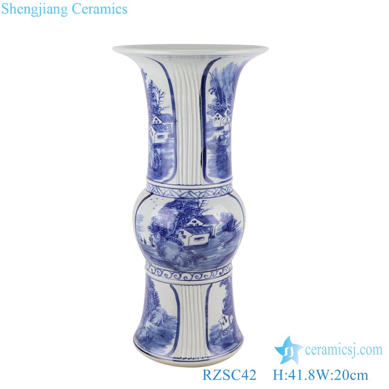 RZSC41-42 Jingdezhen Ceramics Blue and White Porcelain Landscape Ancestor Design Wide Mouth Ceramic Vase