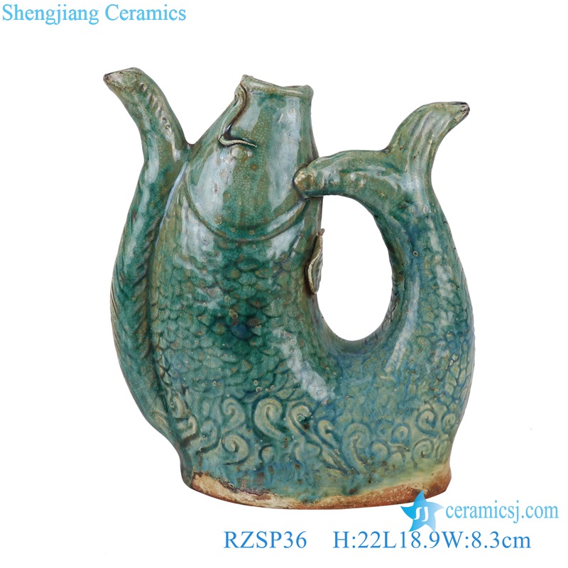 Antique Porcelain Kiln green glazed carp kettle shape Ceramic vase