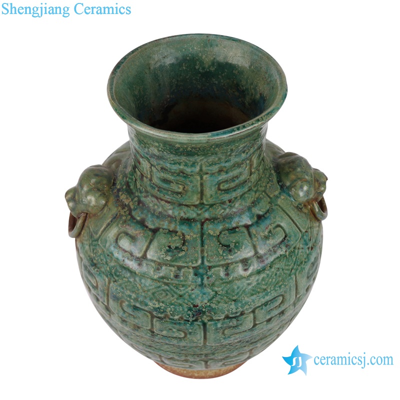 RZSP38 Porcelain Kiln green glazed Carving stripe Round Ceramic Vase with Lion Head