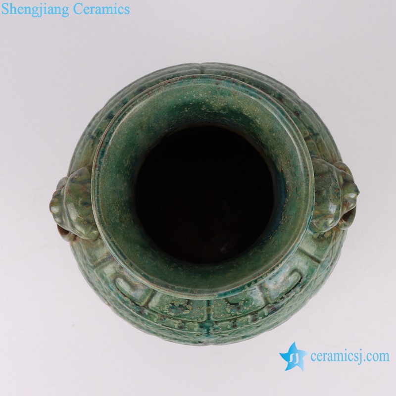 RZSP38 Porcelain Kiln green glazed Carving stripe Round Ceramic Vase with Lion Head