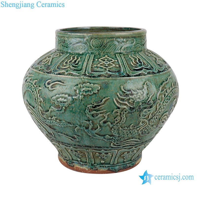 RZSP40 Porcelain Ancient Kiln green glazed Dragon Carved Big Ceramic Pot