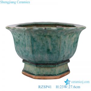 RZSP41 Kiln transformed Glazed Green Octagonal shape Ceramic Flower Garden Planter Pot