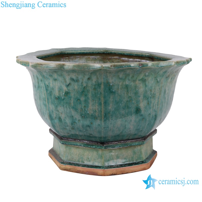 RZSP41 Kiln transformed Glazed Green Octagonal shape Ceramic Flower Garden Planter Pot