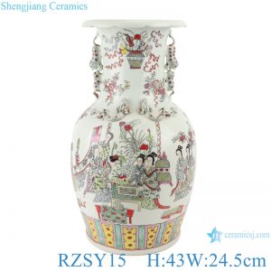 RZSY15 Chinese qing dynasty kangxi year Jingdezhen Antique Famille Rose Pocelain Figure Vase