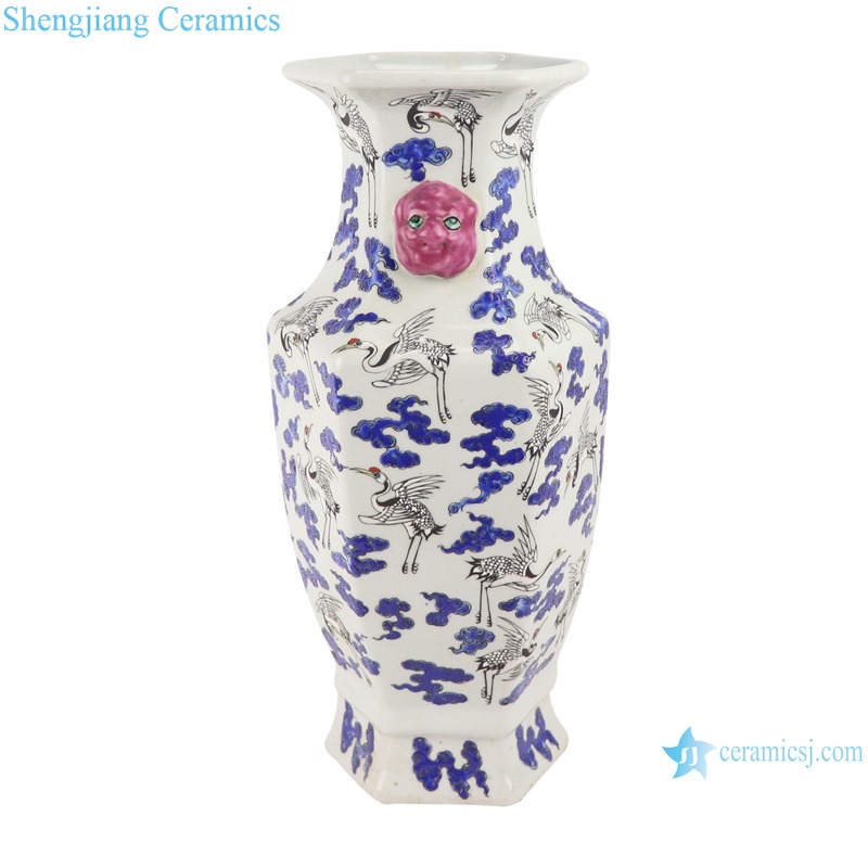 RZSY16 Jingdezhen Antique Famille Rose Crane Pattern Six Square Porcelain Two-ears Vase