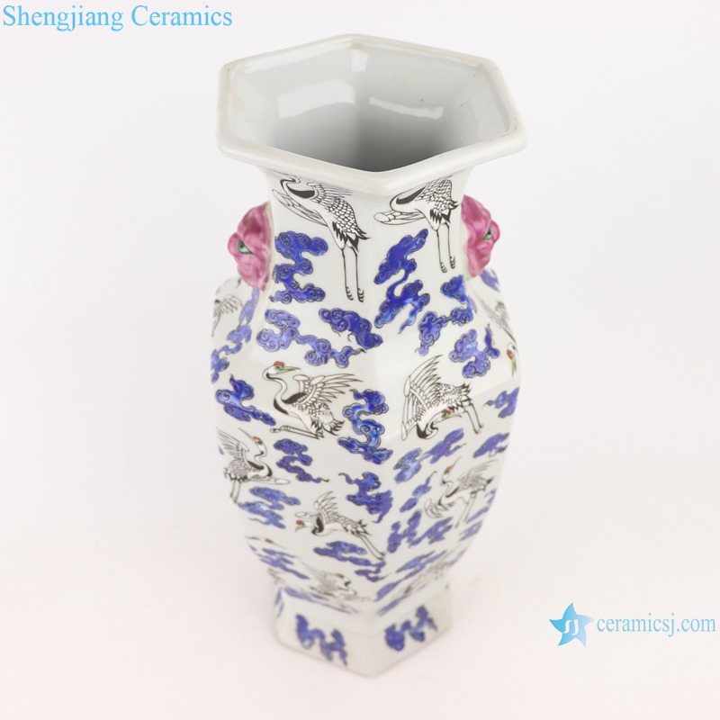 RZSY16 Jingdezhen Antique Famille Rose Crane Pattern Six Square Porcelain Two-ears Vase