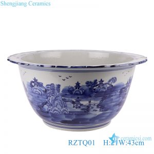 RZTQ01 Blue and White Porcelain Landscape Wutong Scenery Ceramic Bowl Planter