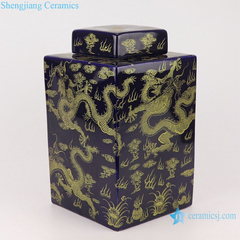 RZTU01 Blue glaze blue background gold dragon pattern square pot tea pot