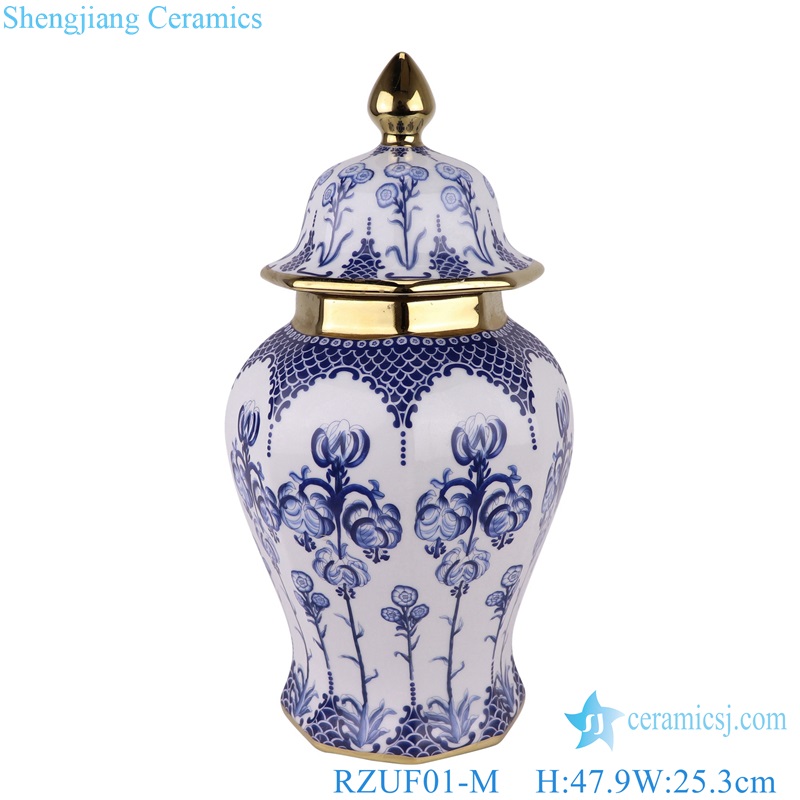 Jingdezhen Blue and White Twisted Flowers Pattern Storage Holder Ceramic gold trim Ginger Jar 