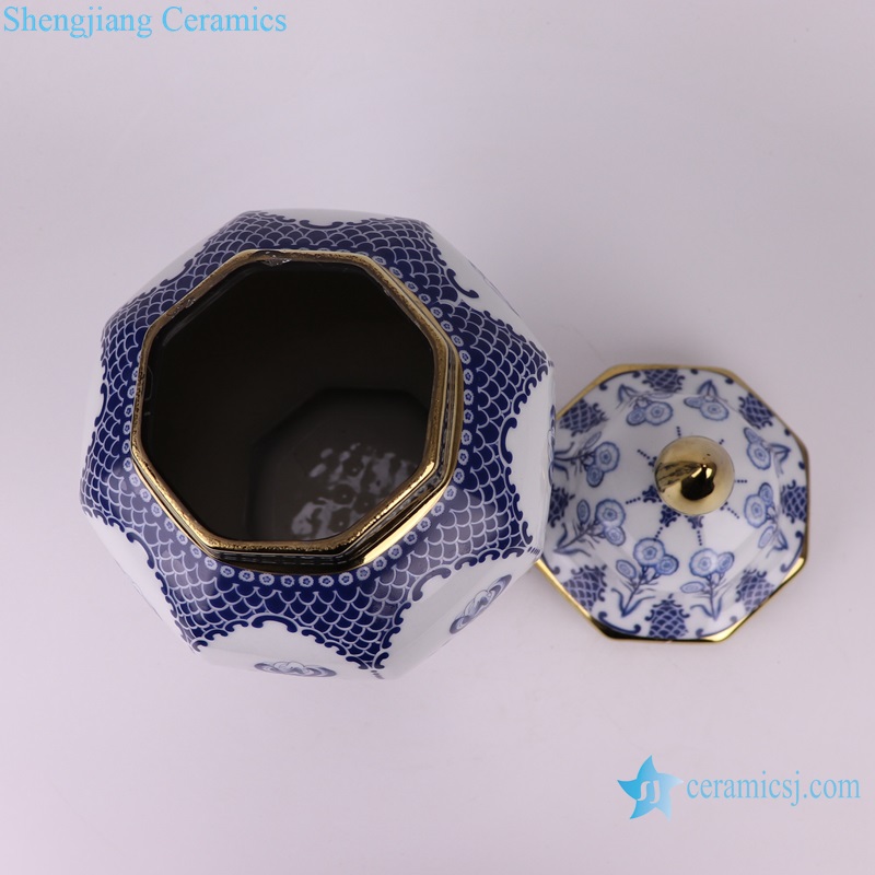 RZUF01-M-S Jingdezhen Blue and White Twisted Flowers Pattern Storage Holder Ceramic gold trim Ginger Jar
