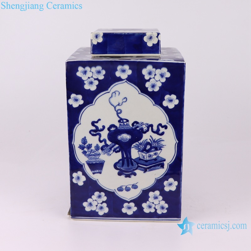 Jingdezhen Blue and white Porcelain Ice Plum Open window Square shape Tea Canister Jars