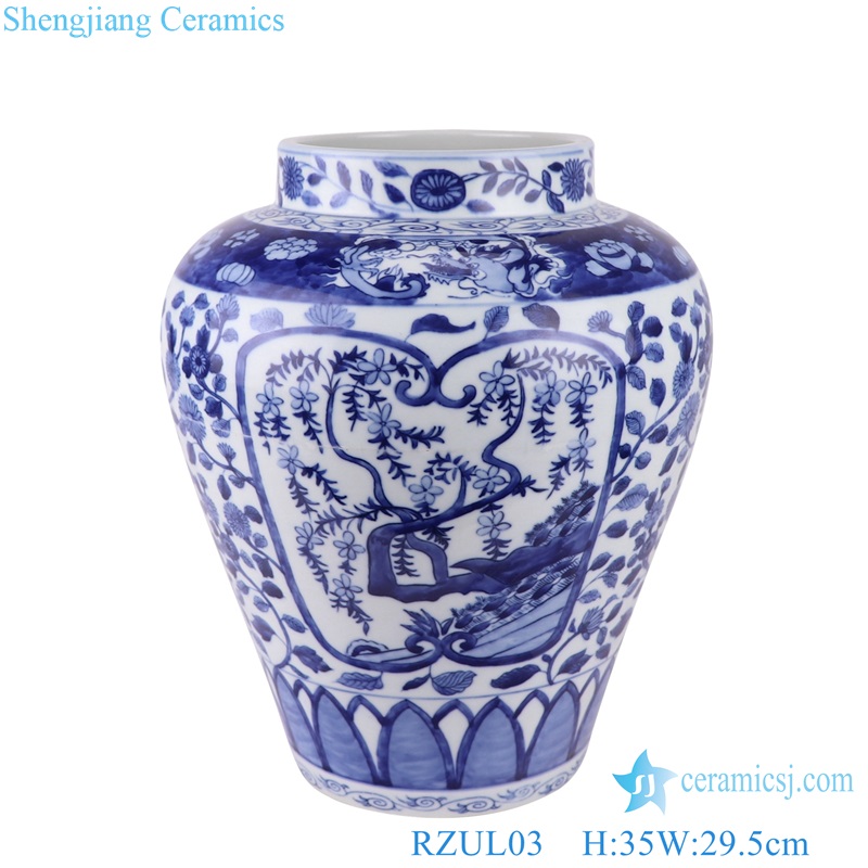 Antique Blue and white Flower Design Open window Ceramic Storage Pot Tabletop Vase
