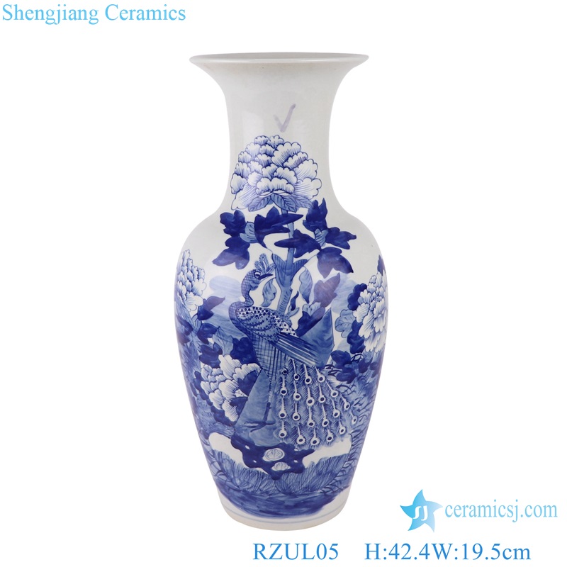 Porcelain Antique Blue and White Flower and Bird Peacock pattern Ceramic Tabletop Vase