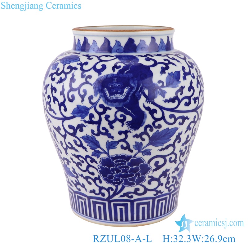 Blue and White Porcelain Twisted Design Peony Flowers Lion Pattern Ceramic Pot Vase