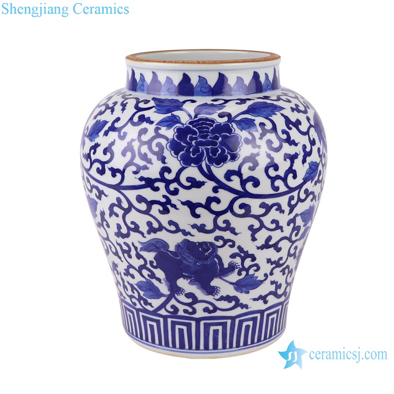RZUL08-A Blue and White Porcelain Twisted Design Peony Flowers Lion Pattern Ceramic Pot Vase