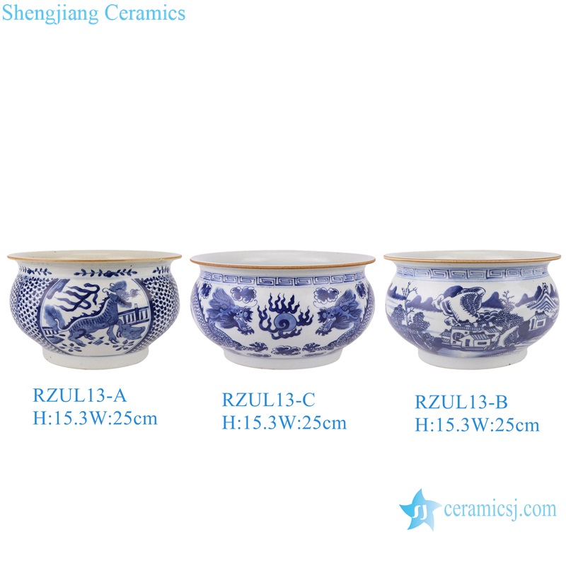 RZUL13-A-B-C Blue and white Porcelain Antique  Landscape Unicorn and Dragon Pattern Ceramic Incense burner
