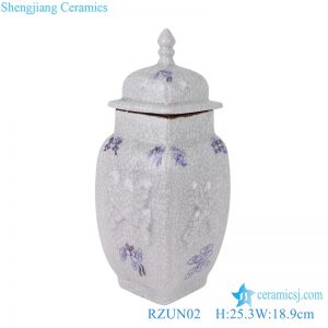 RZUN02 Porcelain Modern style Flower Carved Cracked Square shape Ceramic Temple Jars