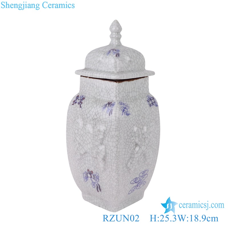 Porcelain Modern style Flower Carved Cracked Square shape Ceramic Temple Jars