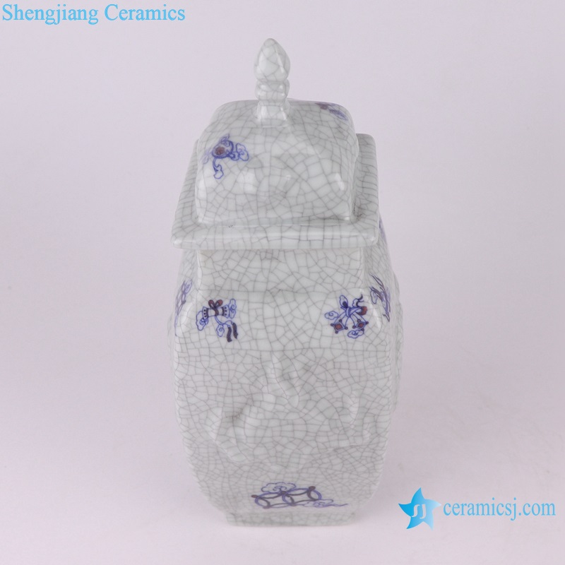 RZUN02 Porcelain Modern style Flower Carved Cracked Square shape Ceramic Temple Jars