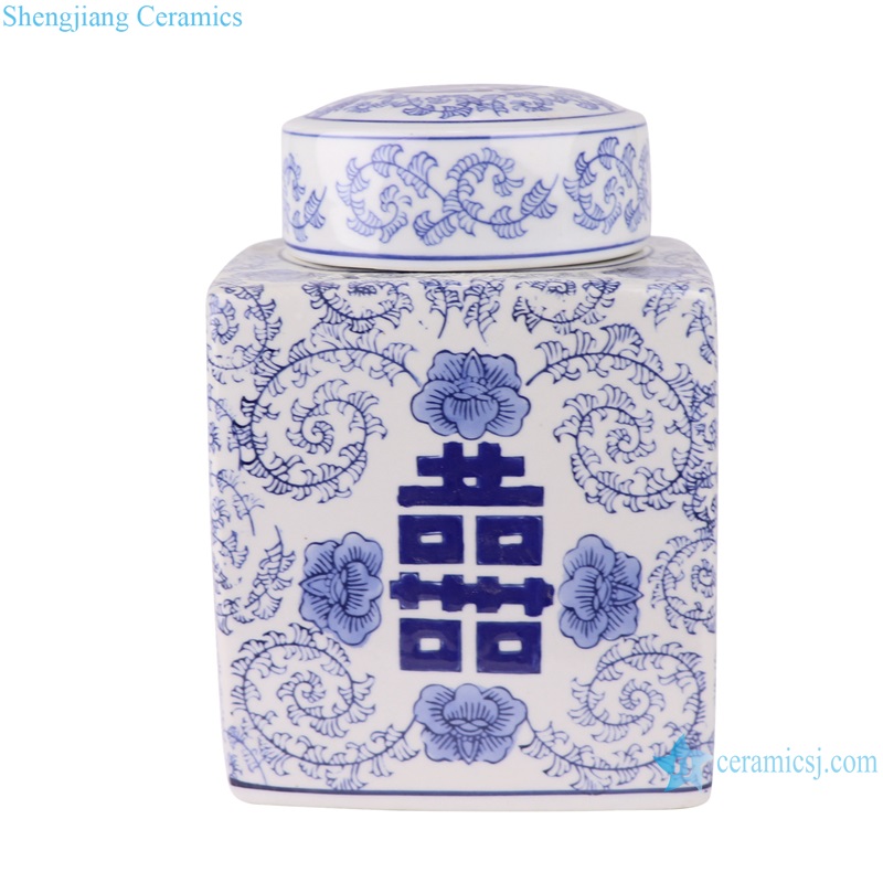 RXAE-FL12-017S  Blue and white tea canister with four square characters