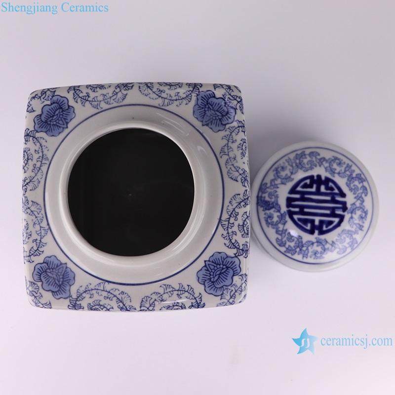 RXAE-FL12-017S  Blue and white tea canister with four square characters