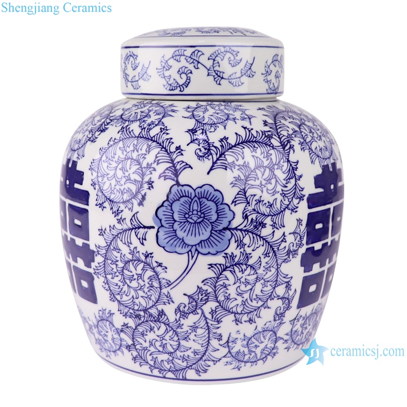RXAE-FL16-199 Blue and white tea canister with four square characters