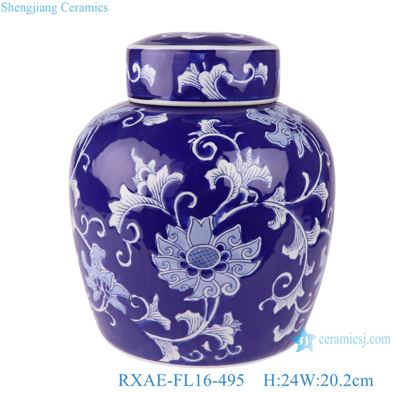 RXAE-FL16-495 Blue and white flat top pot with wrapped lotus