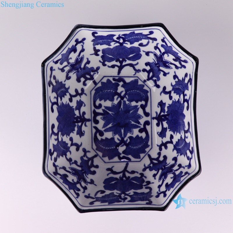 RXAE-FL19 Blue and white twined lotus rectangular bowl with eight sides