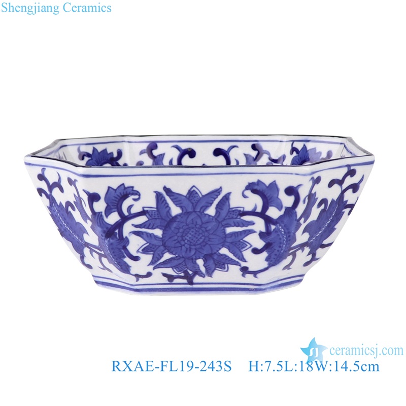 RXAE-FL19  Blue and white twined lotus rectangular bowl with eight sides